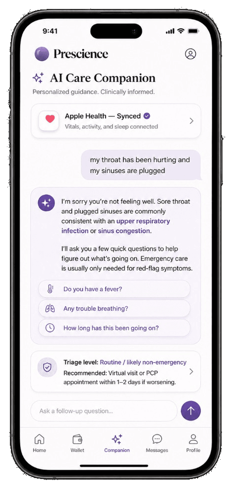 Prescience AI Care Companion: symptom triage with a Prescience MD on call, synced with Apple Health and wearable data