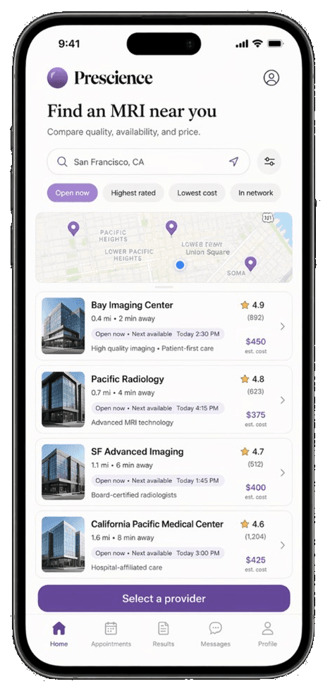 Prescience app: find an MRI near you, with transparent prices and same-day availability