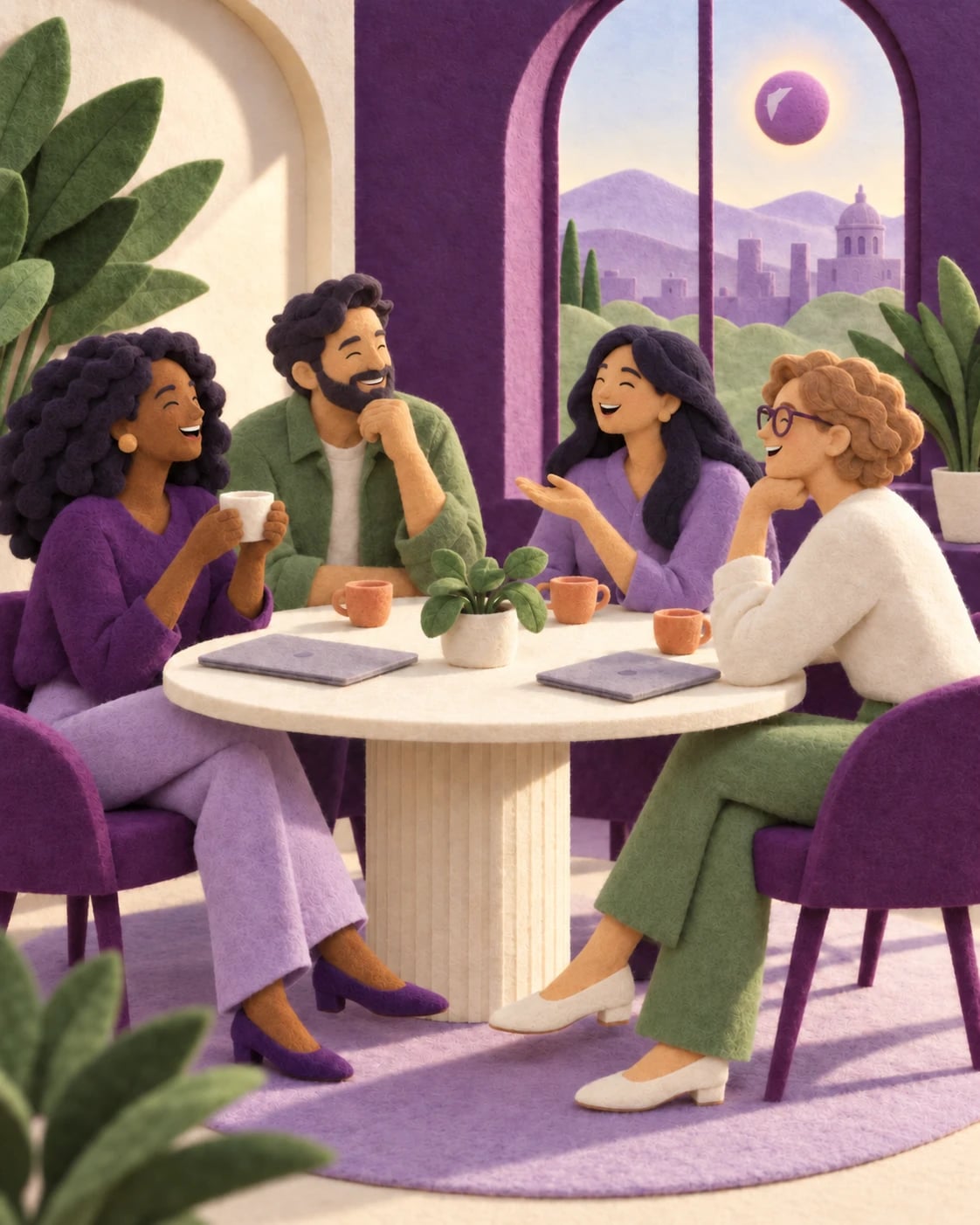 A startup team laughing together over coffee around an office table